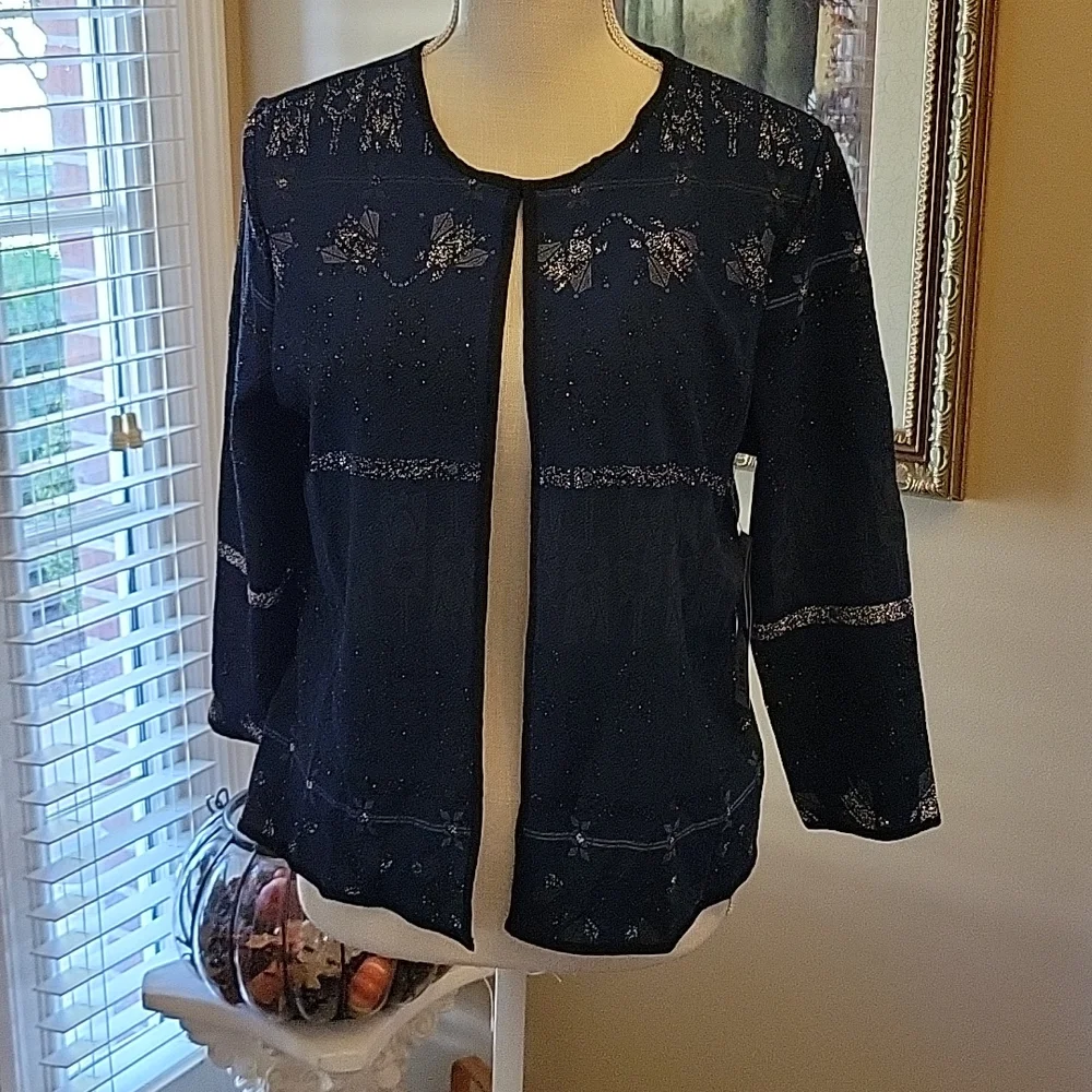LuLaRoe Elegant royal blue stretch jacket silver sparkle open front Medium New …
